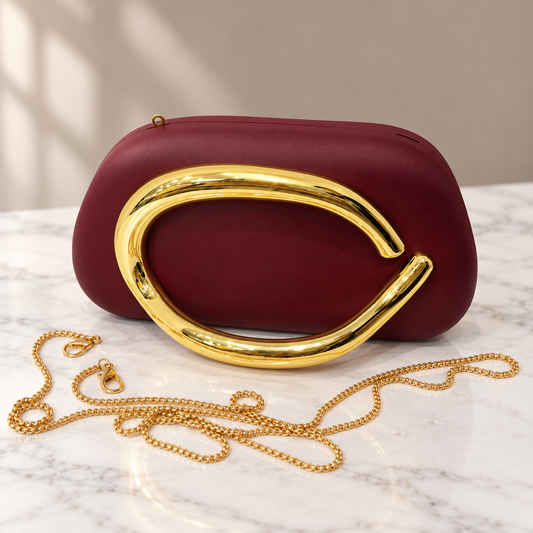 Burgundy Sculptural Clutch Bag with Gold Chain