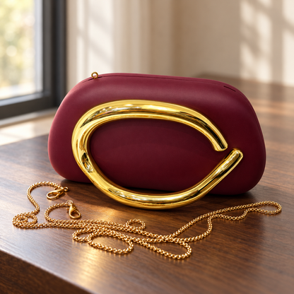 Burgundy Sculptural Clutch Bag with Gold Chain