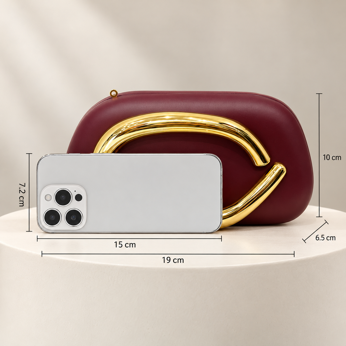 Burgundy Sculptural Clutch Bag with Gold Chain